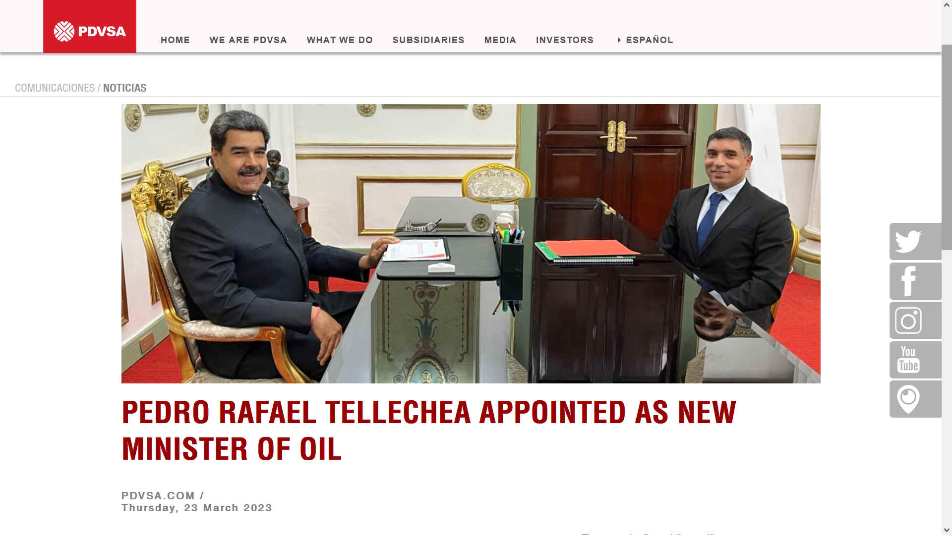 The president of the Bolivarian Republic of Venezuela, Nicols Maduro Moros, announced on Tuesday night the appointment of Pedro Rafael Tellechea, as the new Minister of Oil. Through a message on his social network Twitter @NicolasMaduro, the President announced the information. "I met with the president of PDVSA, Engineer Pedro Tellechea, I appointed him as the new minister of Oil, in the transformation process that the industry is going through. Maximum Efficiency Companion!" said Maduro. In response to this appointment, Tellechea tweeted @tellechearuiz: "I count on my best efforts and full commitment to continue contributing to the economic and social development of our Homeland, with his leadership together with the entire government team. Teamwork, Sure Victory!". The young mechanical engineer with a specialty in public finance has assumed responsibilities in various state enterprises since the reactivation of the state reducer Industria Venezolana del Aluminio C.A., CVG Venalum, in Guyana; passing through the Petrochemical area in Pequiven S.A., and since 6 January assumed the reins of Petrleos de Venezuela S.A., (PDVSA). Also, the new Minister of Petroleum played a fundamental role in the recovery of Monomeros Colombo Venezolano S.A., a subsidiary of Pequiven in Colombia, in which it established a new board of directors in September 2022, promoting its production processes for the benefit of Colombian farmers.
